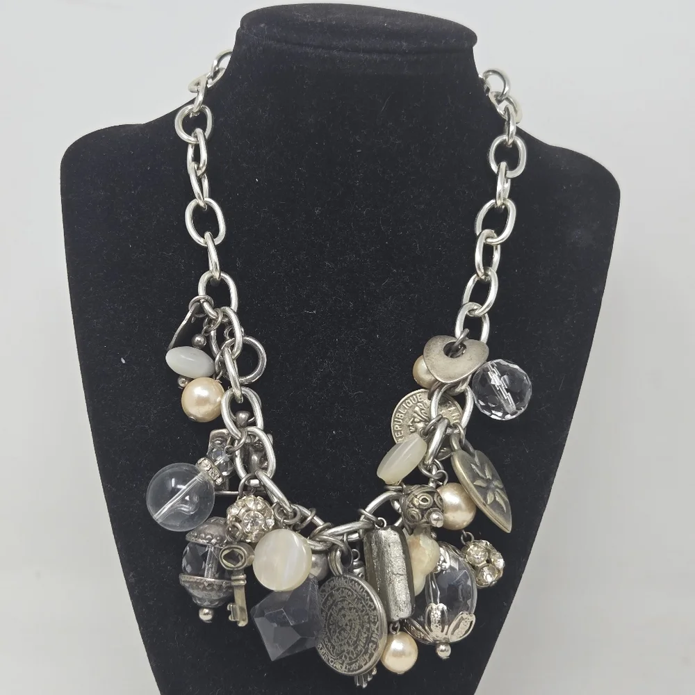 Chunky Silver‎ Chain Necklace Large Heart Charms Vintage Y2K Style Statement